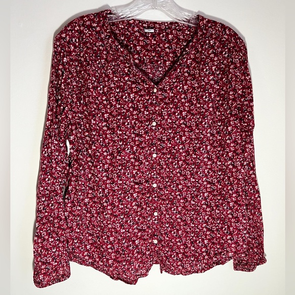 Old Navy Tops - Old Navy Burgundy Floral Cotton/Rayon Button-Down Shirt with Gathered Sleeves